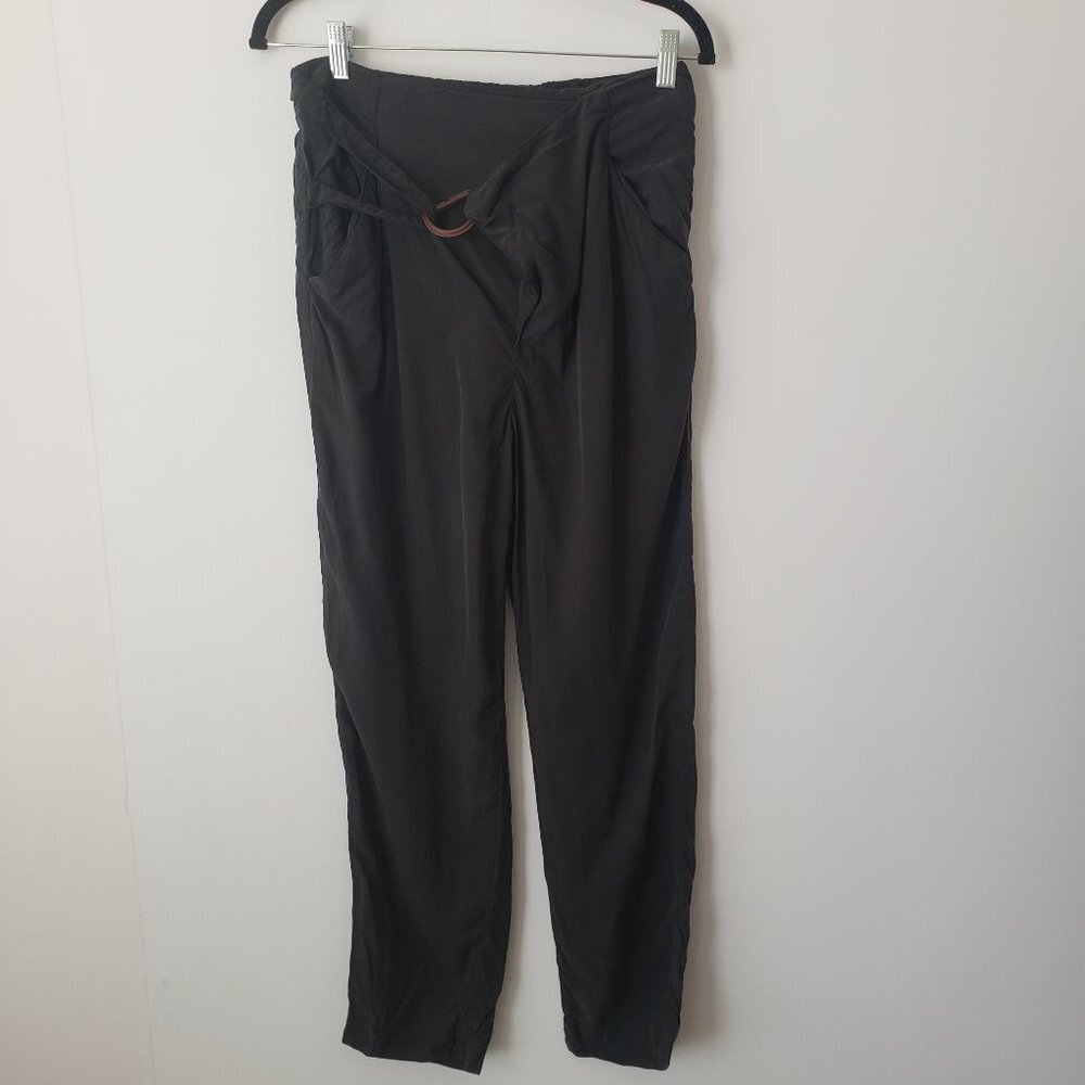 anthropologie black ‘cupra wrap modal straight leg with/ buckle pants size s
